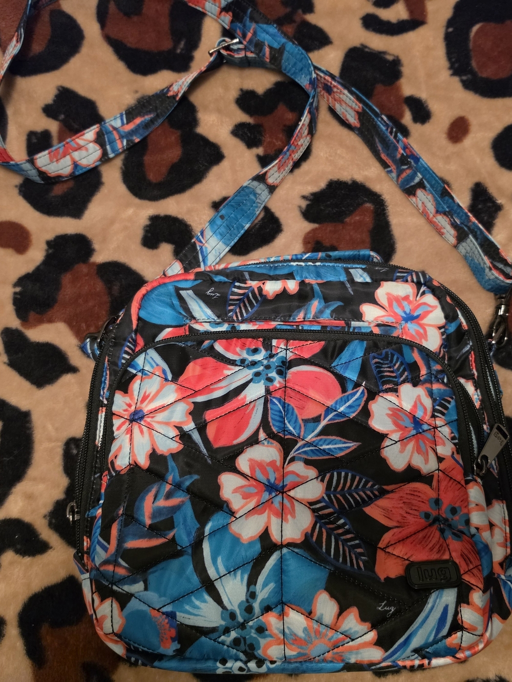 lug Floral Quilted Crossbody Bag — Black with Blue & Coral Flowers